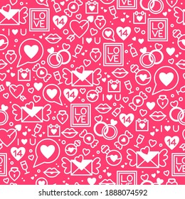 Seamless vector pattern for Valentine's day. Valentine's Day card. Vector illustration on a pink background. Different icons for Valentine's Day.