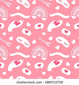 Seamless vector pattern Valentines  day with heart, hand, rainbow, ribbon, bubbles, arrows on pink background. Design for textile, fabric, wrapping, wallpaper, backdrop, card, note, invitation