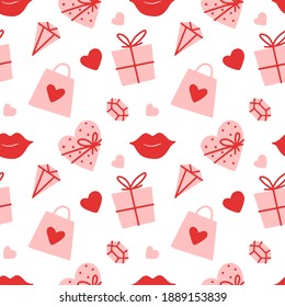 Seamless vector pattern Valentines  day with heart, bag, gift, box, lips, gemstone on white background. Design for textile, fabric, wrapping, wallpaper, backdrop, card, note, invitation
