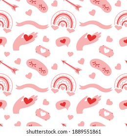 Seamless vector pattern Valentines  day with heart, hand, rainbow, ribbon, bubbles, arrows on white background. Design for textile, fabric, wrapping, wallpaper, backdrop, card, note, invitation