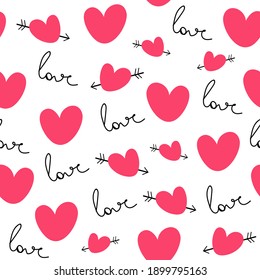 Seamless vector pattern for Valentine's Day. Red hearts pattern. Modern pattern with love words and hearts. 