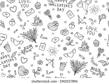 Seamless vector pattern for Valentine's Day, black and white sketch with lines. For packaging paper, printing, wallpaper, or fabric.