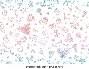 Seamless vector pattern for Valentine's Day, color sketch with lines on white. For packaging paper, printing, wallpaper, or fabric.