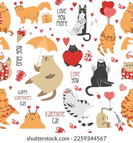 Seamless vector pattern for Valentine's Day. Cute and funny cats with wings and holiday attributes. A pattern with a lot of different elements and inscriptions