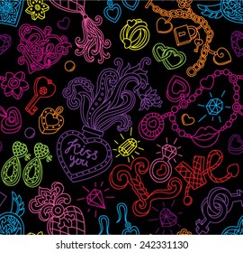 Seamless vector pattern for Valentine's Day. Jewelry, hearts, "Love" lettering, keys and other romantic elements on a black background. 