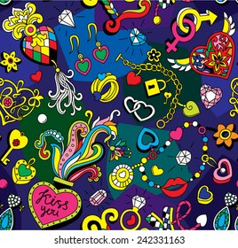 Seamless vector pattern for Valentine's Day. Jewelry, hearts, "Love" lettering, keys and other romantic elements on a colored background. 