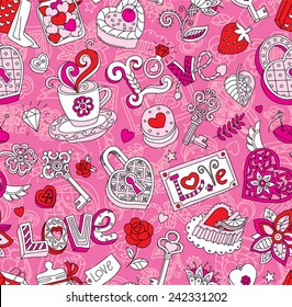 Seamless vector pattern for Valentine's Day. Hearts, "Love" lettering, cakes, keys and other romantic elements on a pink background. 