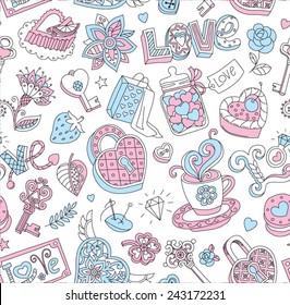 Seamless vector pattern for Valentine's Day. Hearts, "Love" lettering, cakes, keys and other romantic elements on a white background. 