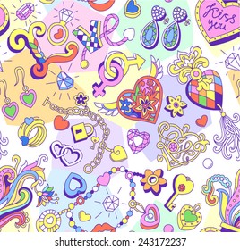 Seamless vector pattern for Valentine's Day. Jewelry, hearts, "Love" lettering, keys and other romantic elements on a colored background. 