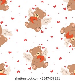 Seamless vector pattern for valentine's day. Cute cupid bear with wings, hearts