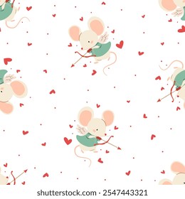 Seamless vector pattern for valentine's day. Cute little mouse cupid with wings, hearts