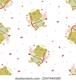 Seamless vector pattern for valentine's day. Cute cupid frog with wings, hearts