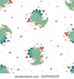 Seamless vector pattern for valentine's day. Cute dinosaur holding a heart-shaped balloon