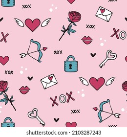 Seamless vector pattern with valentines love heart on pink background. Romantic retro love sticker wallpaper design. Decorative gift fashion textile.