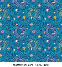 Seamless vector pattern in Van Gogh style. Night sky with stars. Print could be used for yoga mat, phone case, textile