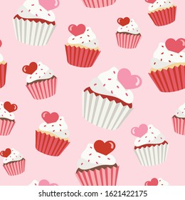 Seamless vector pattern with vanilla, chocolate, and red velvet Valentine’s Day cupcakes with sprinkles and candy hearts on a pink background. Cute food illustration for packaging, gifts, holidays.