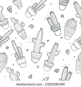 Seamless vector pattern. A variety of hand-drawn style cacti in pots isolated on a white background. 