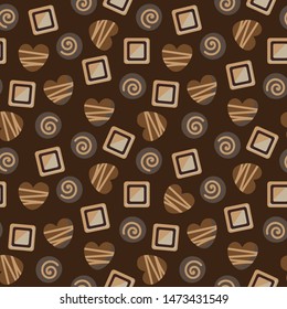 A seamless vector pattern with a variety of milkdar and white chocolate pralines. Surface print design.
