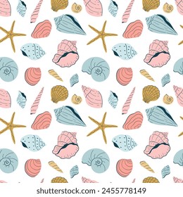 Seamless vector pattern with a variety of seashells.