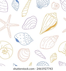 Seamless vector pattern with a variety of seashells.