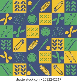 Seamless vector pattern with variety of sewing and crafting tools.There are safety pins, needles, buttons, scissors, yarn, and decorative stitching. Oldschool retro style