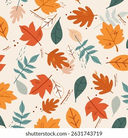 Seamless vector pattern with various autumn leaves and textured details on a light background. Perfect for fall-themed designs, fabric, packaging, wrapping paper, wallpaper, and seasonal decor.