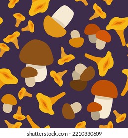 Seamless vector pattern with various bright mushrooms on dark violet background. Autumn in the forest.