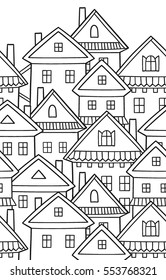Seamless vector pattern with various cartoon houses. Border.