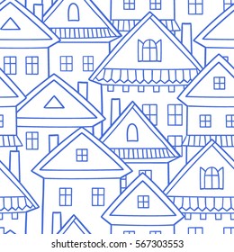 Seamless vector pattern with various cartoon houses.