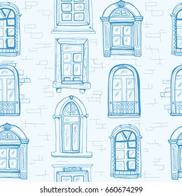 Seamless vector pattern with various cartoon houses.