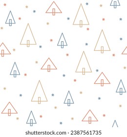 Seamless vector pattern with various Christmas trees. Stylized scandi texture. Cute hand drawn lineart background for wrapping paper, packaging, gift, fabric, wallpaper, textile, card, cover, apparel.