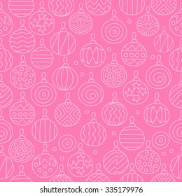 Seamless vector pattern of various Christmas balls on a pink background, painted by hand.