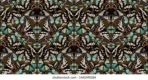 Seamless vector pattern, from various colored butterflies, making up a fashionable natural mosaic print for luxury fabric or paper, prints pillows. Geometric ornament mosaic optic abstract butterflies