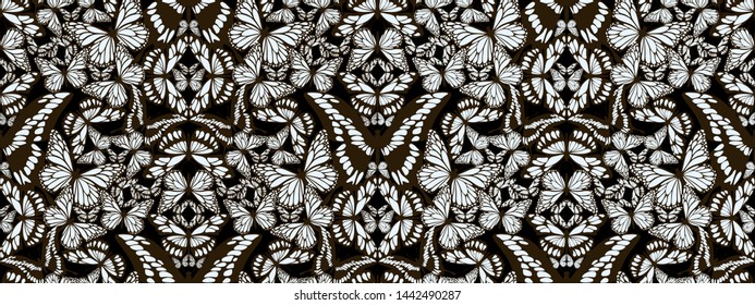 Seamless vector pattern, from various colored butterflies, making up a fashionable natural mosaic print for luxury fabric or paper, prints pillows. Geometric ornament mosaic optic abstract butterflies