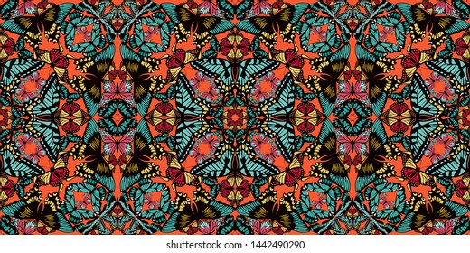 Seamless vector pattern, from various colored butterflies, making up a fashionable natural mosaic print for luxury fabric or paper, prints pillows. Geometric ornament mosaic optic abstract butterflies