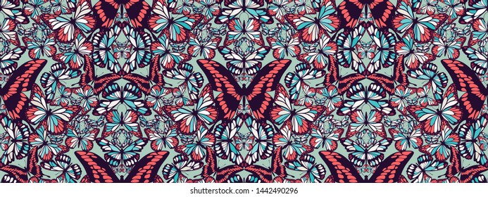 Seamless vector pattern, from various colored butterflies, making up a fashionable natural mosaic print for luxury fabric or paper, prints pillows. Geometric ornament mosaic optic abstract butterflies