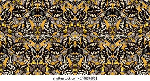 Seamless vector pattern, from various colored butterflies, making up a fashionable natural mosaic print for luxury fabric or paper, prints pillows. Geometric ornament mosaic optic abstract butterflies