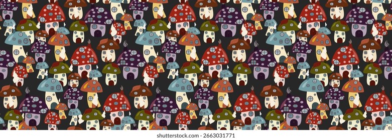 Seamless vector pattern of various colorful mushroom houses, featuring chimneys with smoke, on a dark gray background. All over print, ideal for charming fairy tale and woodland designs.