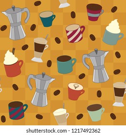 A Seamless Vector Pattern of Various Cups of Coffee