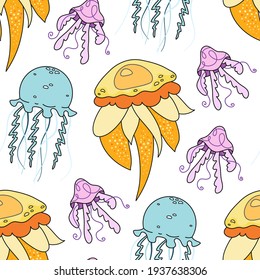 Seamless vector pattern with various cute hand drawn jellyfish isolated on white background. Fun underwater texture for kids room decor, nursery art, print, package, fabric, wallpaper, textile, poster