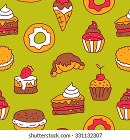Seamless vector pattern of various desserts on a green background, painted by hand.