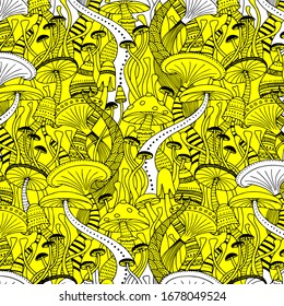 Seamless vector pattern of various edible and inedible mushrooms. Mushroom, chanterelle mushrooms, porcini mushroom, toadstool, fly agaric, leaves. Drawn by hand. 