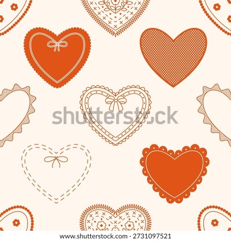 Seamless vector pattern with various elegant heart shapes decorated with lace ruffle, embroidery stitches, bows, ribbons and scalloped edges. Romantic background for Valentine's day wallpaper, wrapping paper design