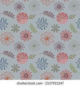 Seamless vector pattern with various flowers and leaves.
For printing on textiles, paper and accessories.