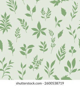 A seamless vector pattern with various green leaves in silhouette art style, creating a fresh and natural botanical design