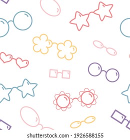 Seamless vector pattern with various hand drawn sunglasses. Line objects. Colorful palette. Cute summer background for wrapping paper, print, card, gift, fabric, wallpaper, textile, banner, package.