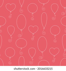 Seamless vector pattern with various hand drawn air balloons. Cute background with party or celebration event line elements. For wrapping paper, greeting card, gift, fabric, wallpaper, textile, print.