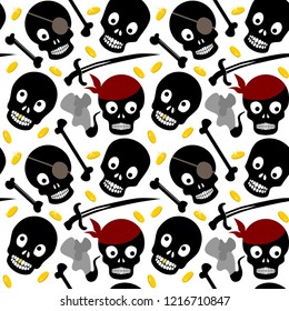 Seamless vector pattern of various isolated pirate skulls, bones, smoking pipe, saber, and coins on white background