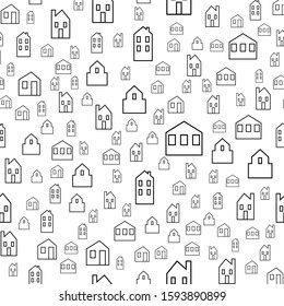 Seamless vector pattern with various line simple houses.