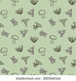 Seamless vector pattern with various mushrooms and blueberries. For fabric, paper, wrap, textile, poster, scrapbooking, wallpaper or background.